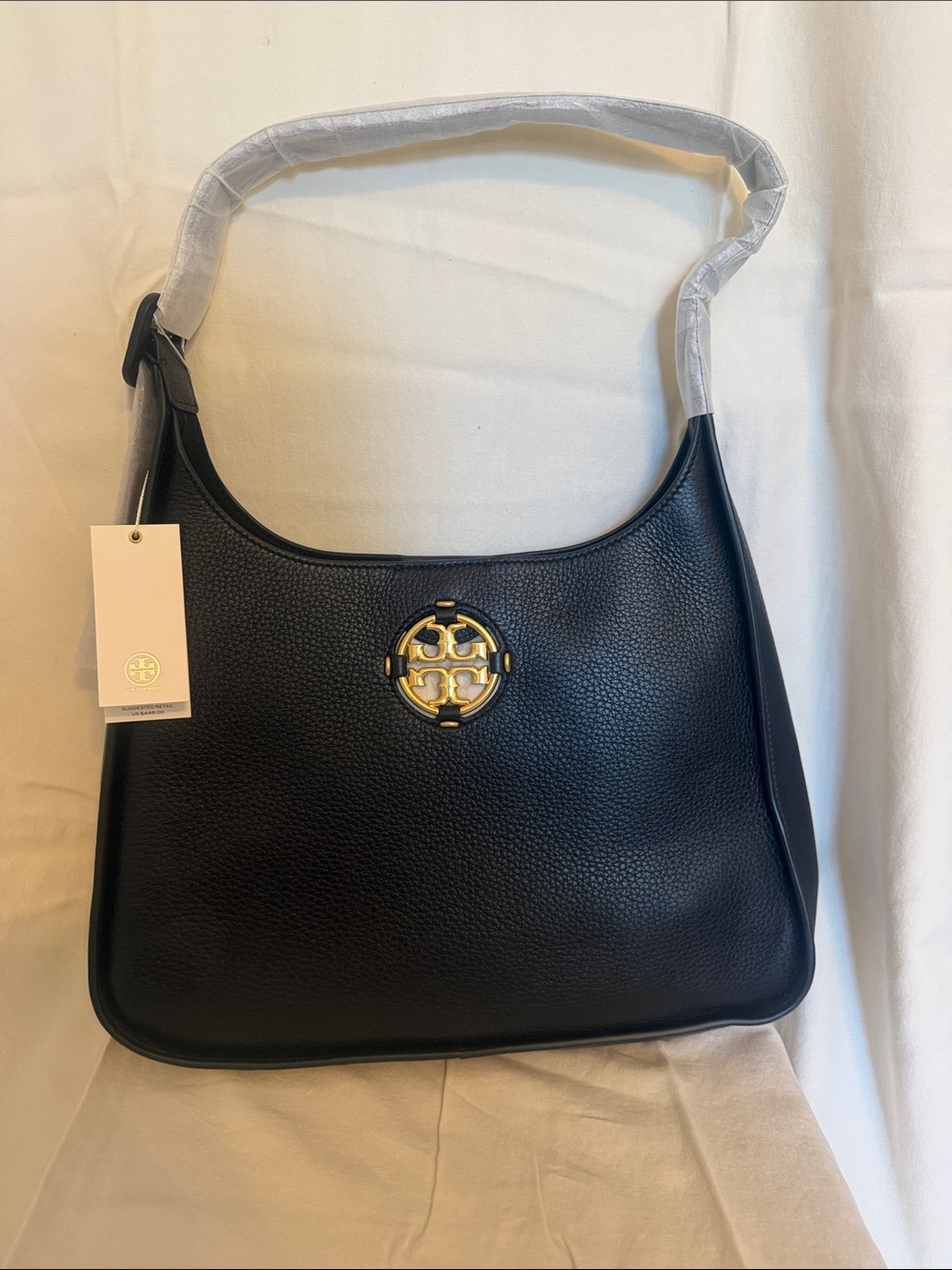 Tory Burch Black Pebbled Leather Hobo with Gold Logo Medallion